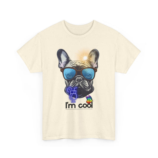 Cool French Bulldog T-Shirt Summer Dog with Sunglasses Neon Cocktail & Rainbow Butterfly- Funny Vacation Beach Vibes Tee