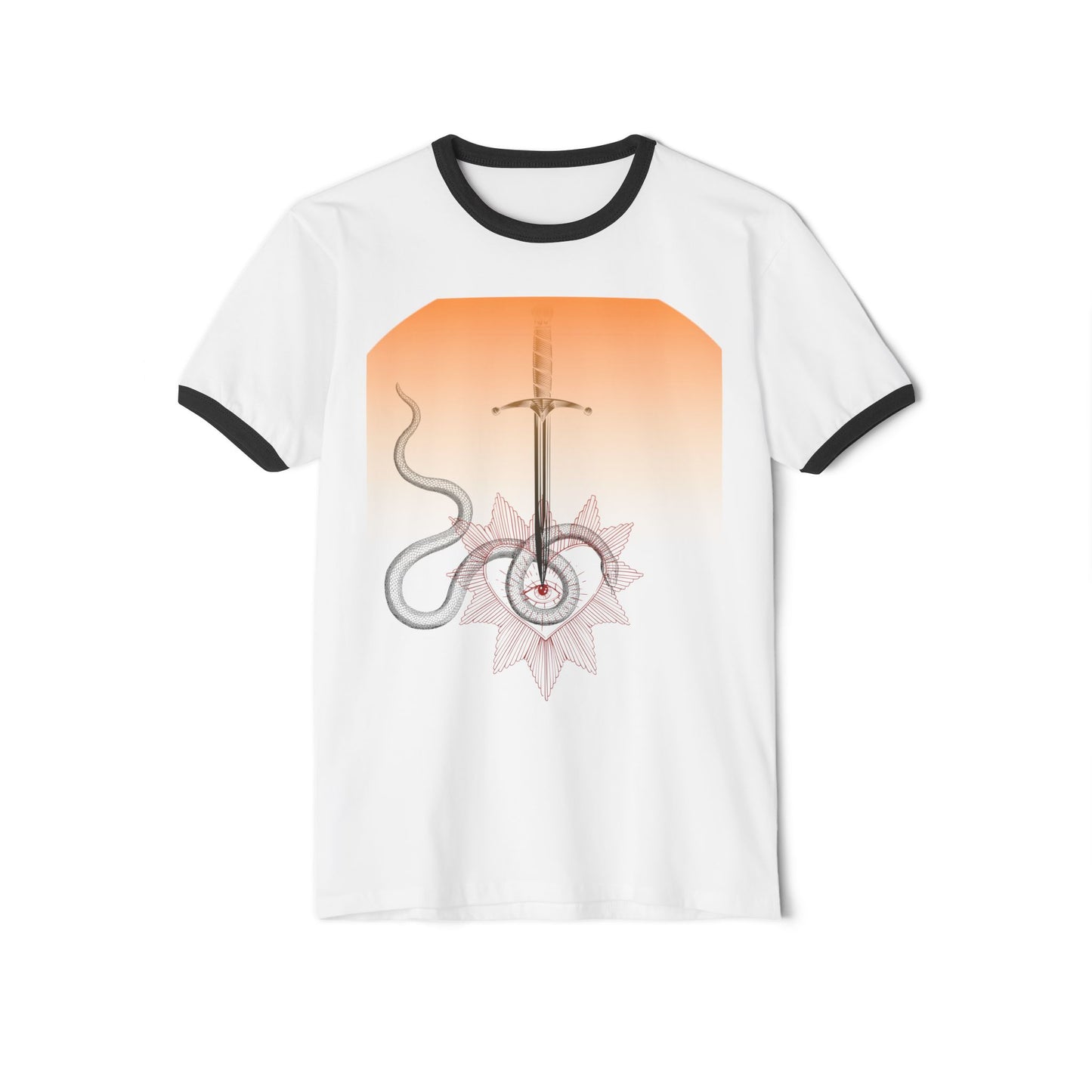 Mystic Sword & Snake Ringer Tee — Celestial Floral Graphic T-Shirt