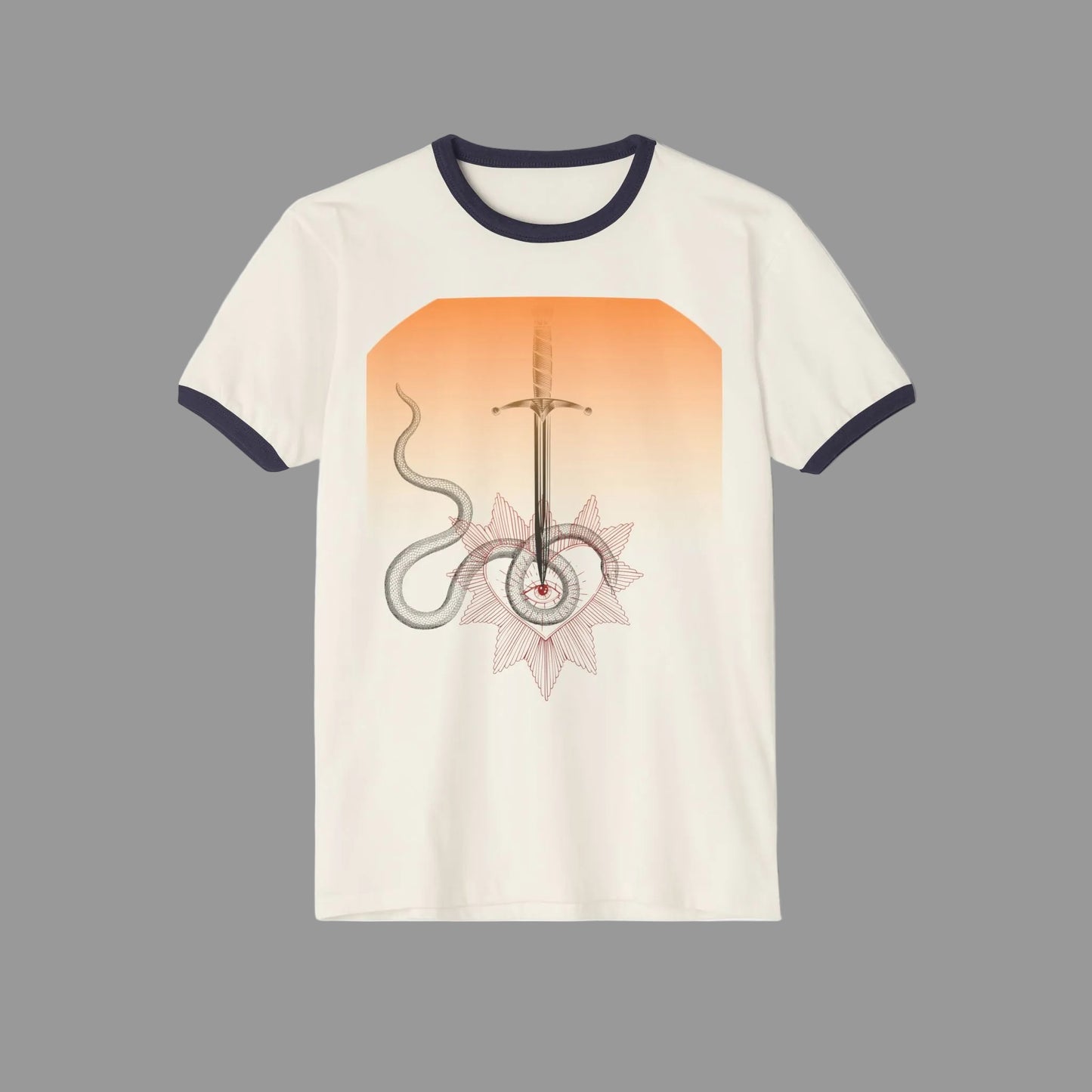 Mystic Sword & Snake Ringer Tee — Celestial Floral Graphic T-Shirt