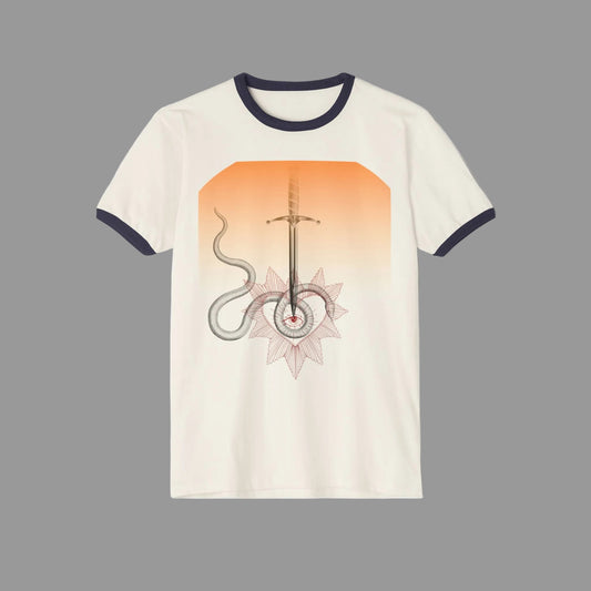 Mystic Sword & Snake Ringer Tee — Celestial Floral Graphic T-Shirt