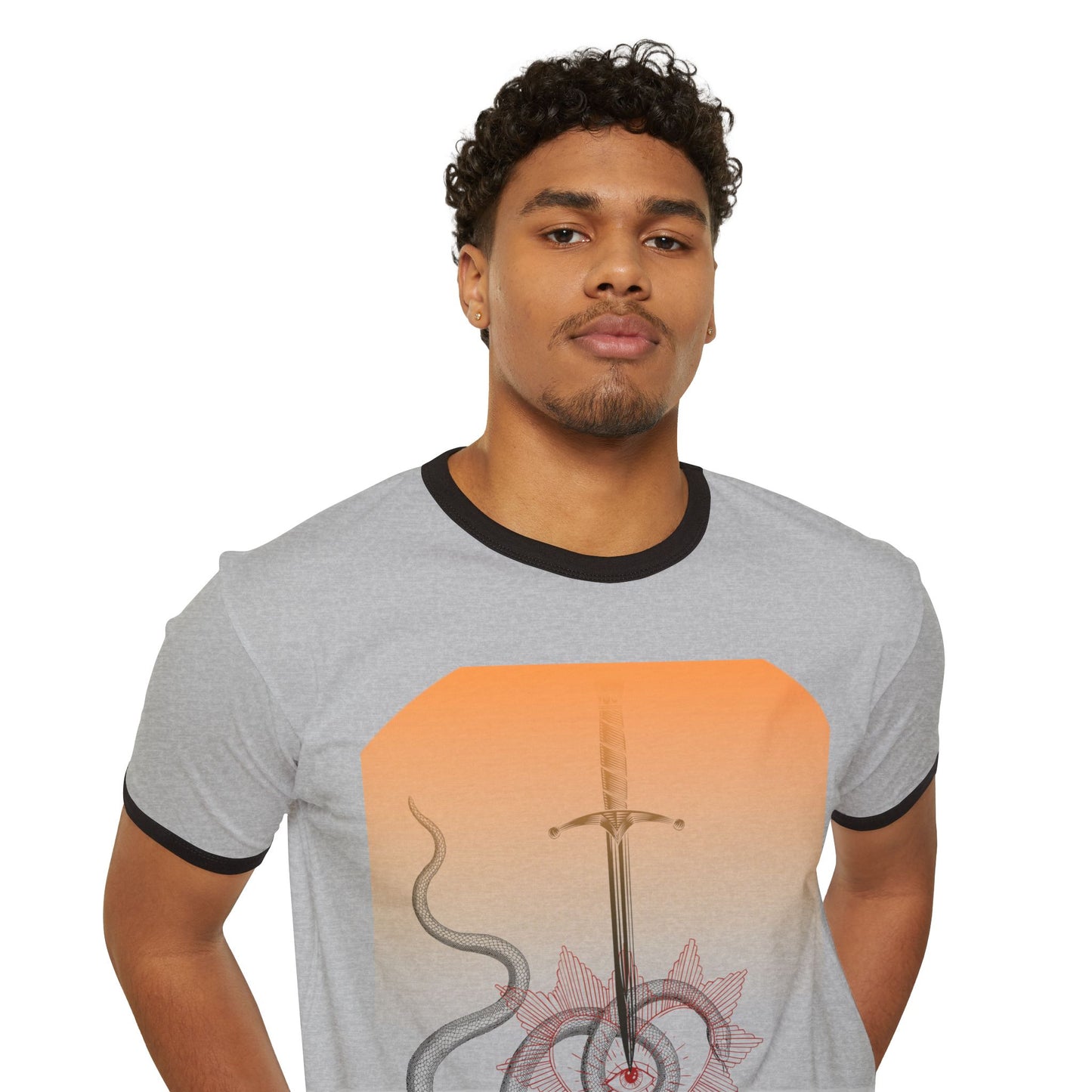Mystic Sword & Snake Ringer Tee — Celestial Floral Graphic T-Shirt