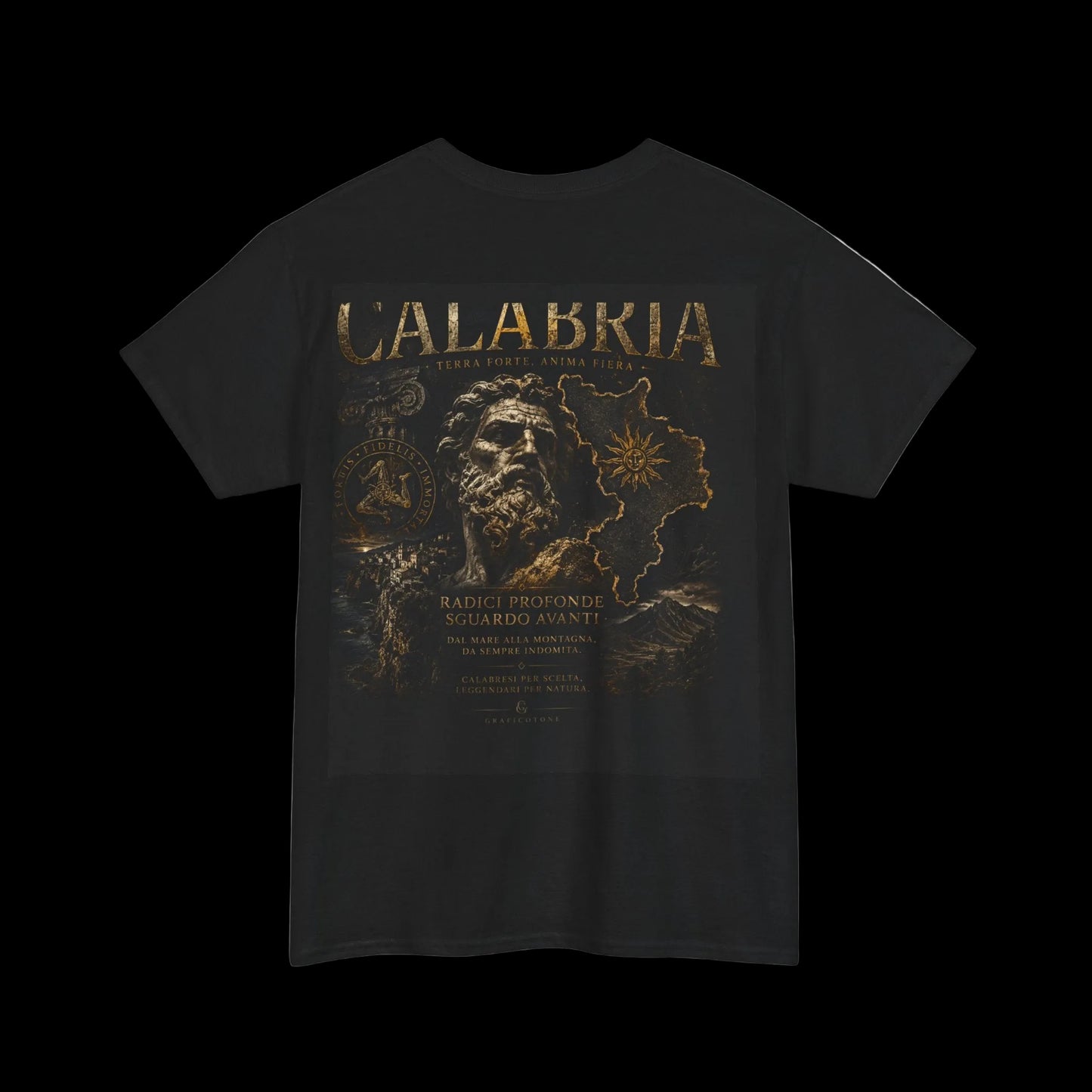 Calabria Heritage Tee — Vintage Map & Mythic Statue Graphic T-Shirt