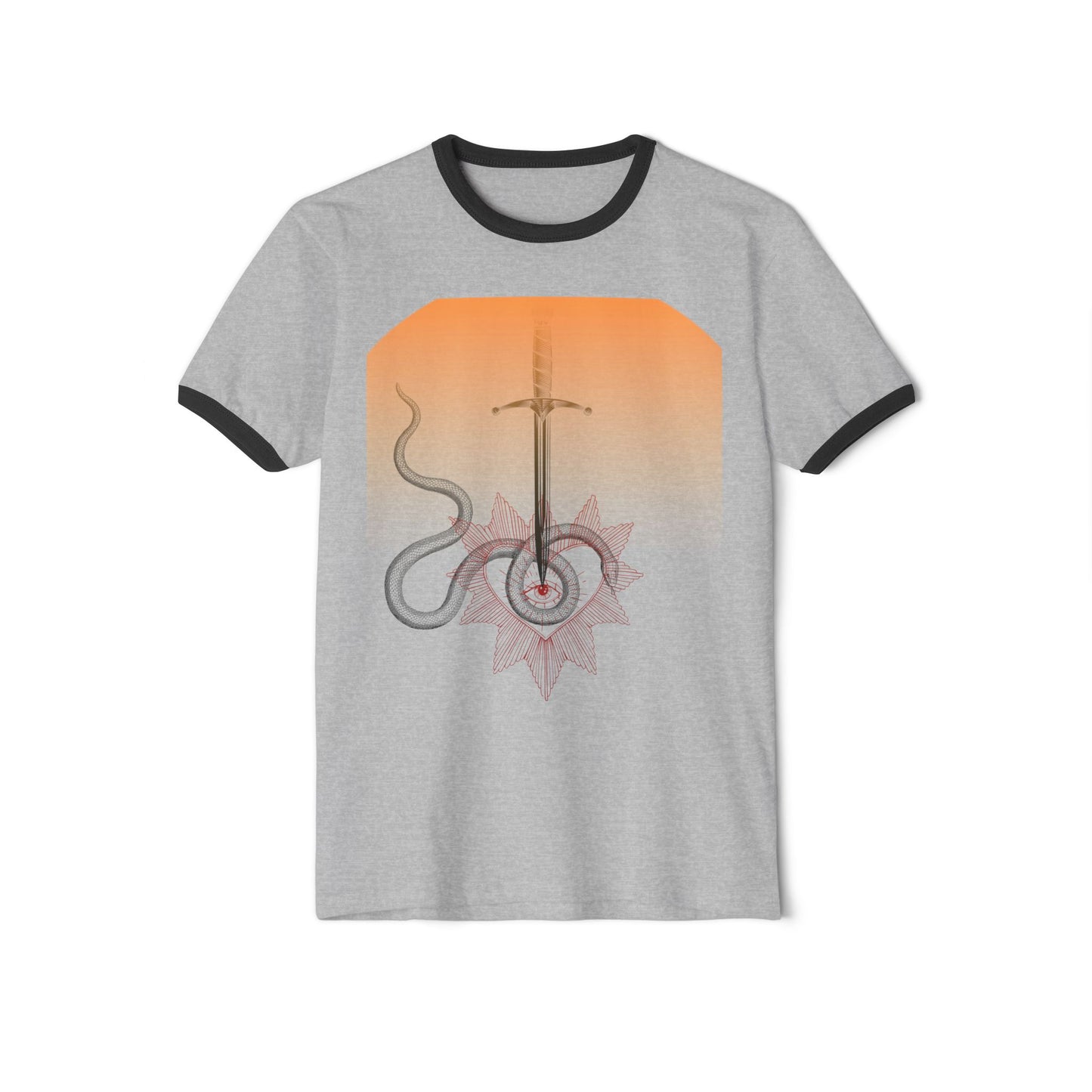 Mystic Sword & Snake Ringer Tee — Celestial Floral Graphic T-Shirt