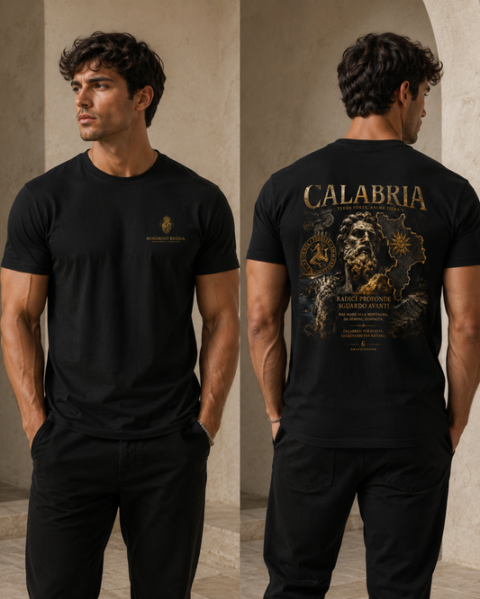 Calabria Heritage Tee — Vintage Map & Mythic Statue Graphic T-Shirt