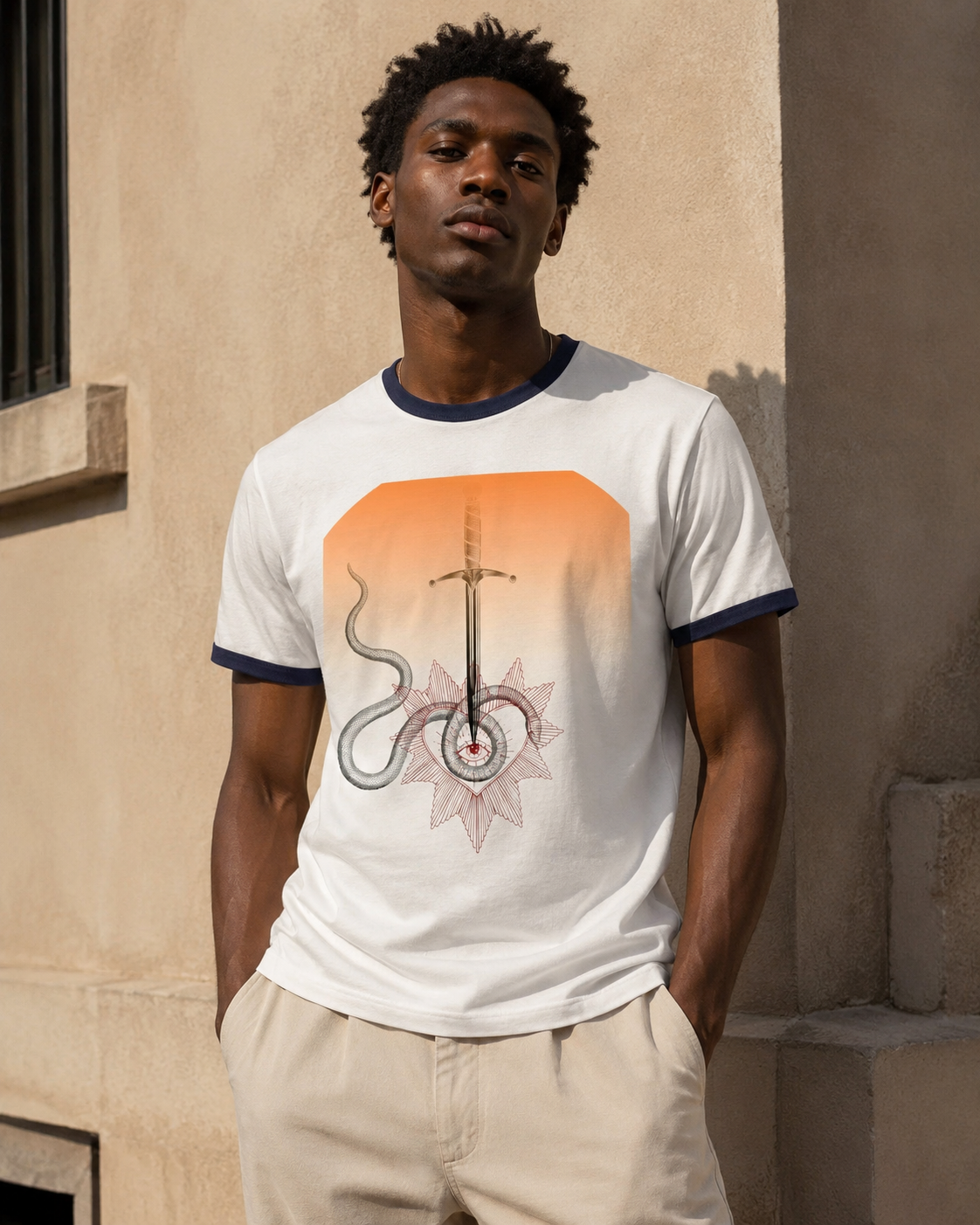Mystic Sword & Snake Ringer Tee — Celestial Floral Graphic T-Shirt